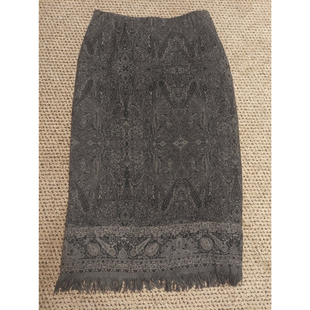 Dressbarn Paisley Jacquard Fringe Maxi Skirt Size 14 Back Vent Western Boho